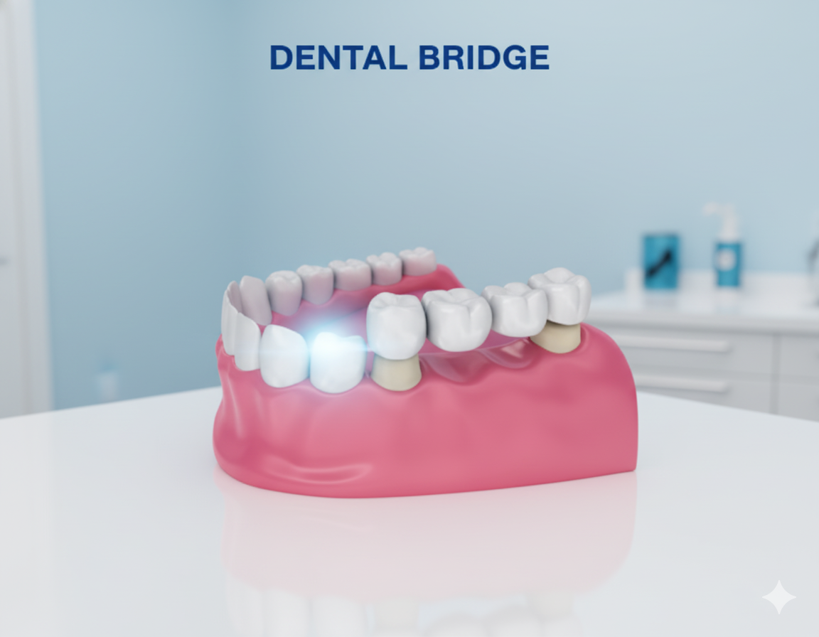 Close up illustration of a custom dental bridge restoring a missing tooth at Lutherville Dental
