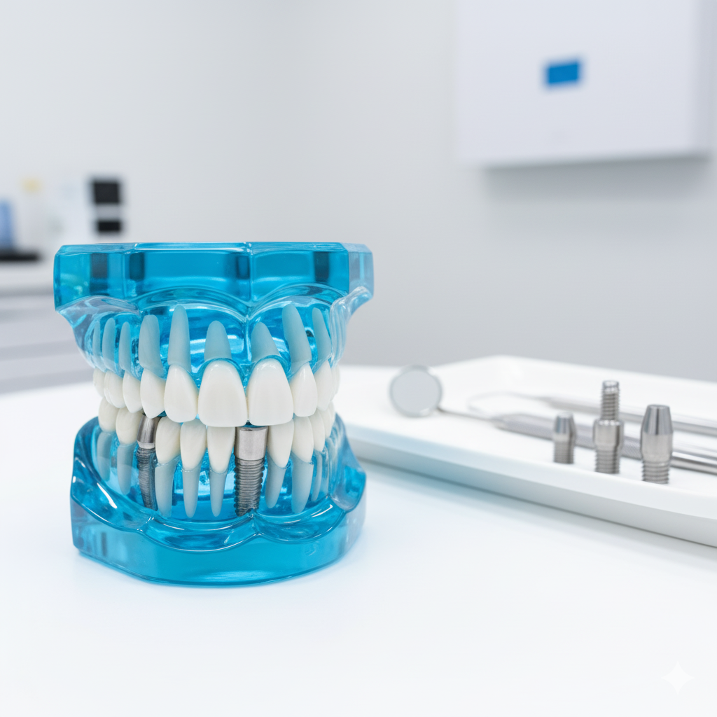 Detailed diagram showing a titanium dental implant, abutment, and porcelain crown replacing a missing tooth